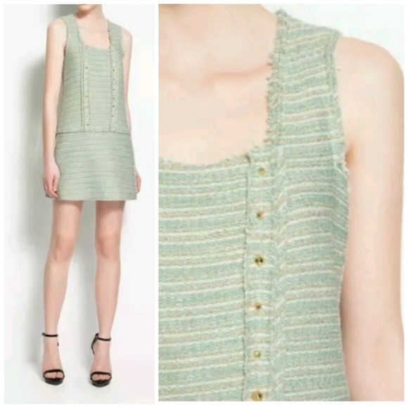 Zara Dresses & Skirts - NWT Zara Mint Green Tweed Gold Metallic Sleeveless Square-Neck Mini Dress XS